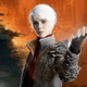 A young woman standing in a strange world with white hair and magical hands
